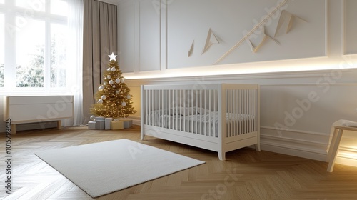 Cozy nursery with white crib, Christmas tree, and warm natural light.