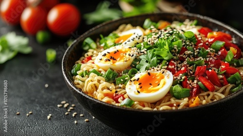 Bowl of ramen noodles being topped with fresh vegetables and sesame seeds