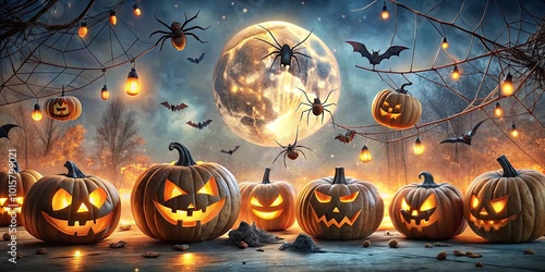 Spooky Jack-o-Lanterns Illuminated by a Glowing Moon with Bats and Spiders Flying Through the Night photo