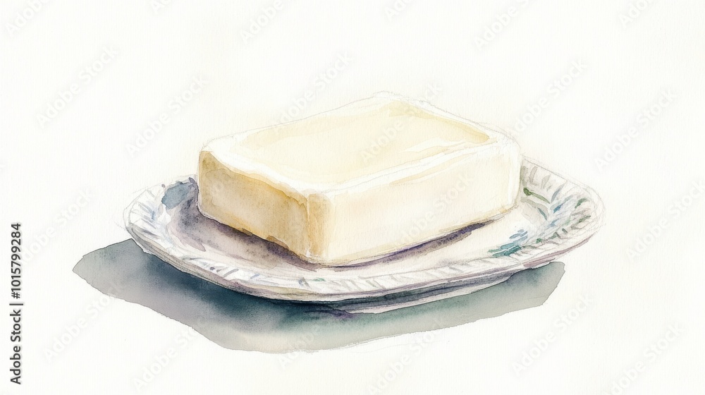 A block of butter resting on a decorative plate against a soft white background, showcasing its creamy texture and subtle shine A block of butter resting on a decorative plate against a soft white background, showcasing its creamy texture and subtle shine