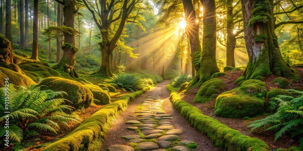 Obraz premium A Sun-Drenched Path Through a Verdant Forest, Golden Light Streaming Through the Canopy, Illuminating the Moss-Covered Trees and Stone Pathway