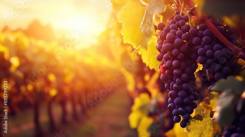 Sunset Over Vineyard with Hanging Grapes with blurred backgraund