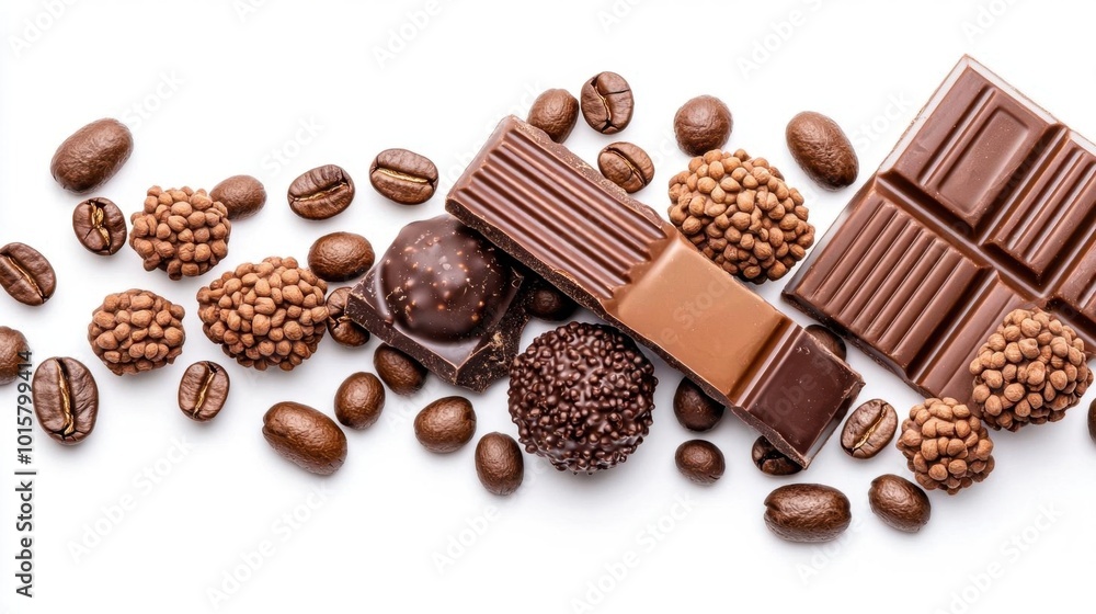 A photostock image of assorted coffee beans and chocolate on a clean white background A photostock image of assorted coffee beans and chocolate on a clean white background