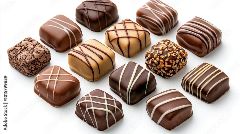A photostock image of assorted gourmet chocolates with decorative packaging on a clean white background A photostock image of assorted gourmet chocolates with decorative packaging on a clean white background
