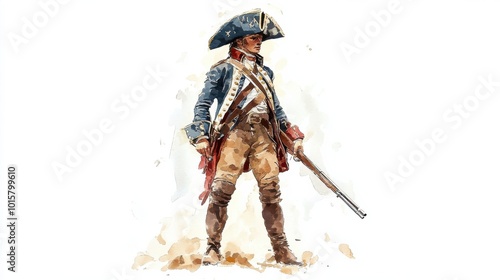 A Revolutionary War soldier stands proudly in a historical military uniform with a musket ready for action during the 1780s