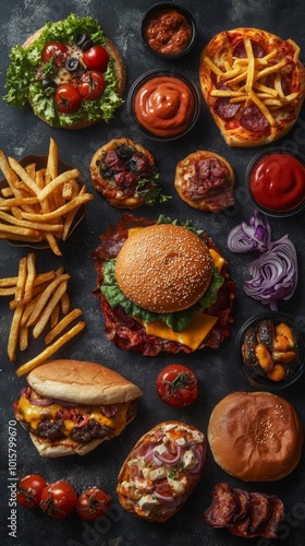 Wallpaper Mural Celebrate Greasy Food Day with a mouthwatering real picture showcasing a variety of indulgent, crispy comfort foods like fries, burgers, and pizza Torontodigital.ca