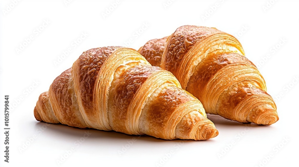 A photostock image of buttery croissants stacked in a row on a clean white background A photostock image of buttery croissants stacked in a row on a clean white background
