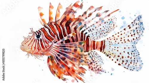 Colorful watercolor illustration of a lionfish swimming gracefully through vibrant aquatic surroundings