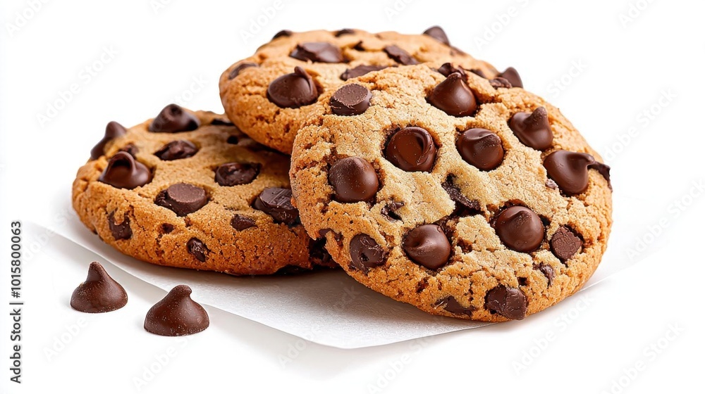 A photostock image of chocolate cookies on a white parchment paper on a clean white background A photostock image of chocolate cookies on a white parchment paper on a clean white background