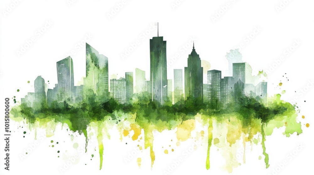 A vibrant watercolor depiction of a modern city skyline blending with lush greenery under a bright sky A vibrant watercolor depiction of a modern city skyline blending with lush greenery under a bright sky