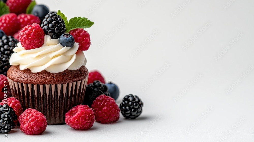 A photostock image of a chocolate cupcake with cream and berries on a clean white background A photostock image of a chocolate cupcake with cream and berries on a clean white background
