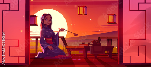 Asian girl making traditional tea ceremony. Vector cartoon illustration of pretty young woman in oriental kimono sitting on cushion, wooden table with pots and kettle, wooden patio with sunset view
