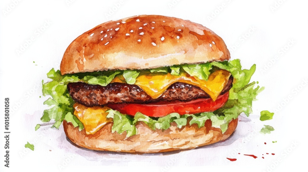 Delicious cheeseburger with fresh ingredients on a sesame seed bun captured in a vibrant illustration Delicious cheeseburger with fresh ingredients on a sesame seed bun captured in a vibrant illustration