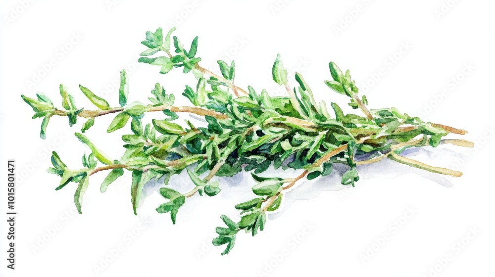 Fresh thyme sprig on a white background showcasing vibrant green leaves for culinary uses in cooking and garnishing meals