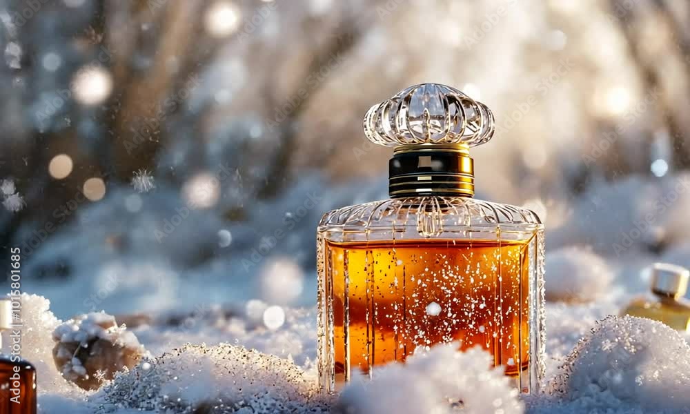 red bottle perfume with snowflakes and christmas decorations on blurred background red bottle perfume with snowflakes and christmas decorations on blurred background