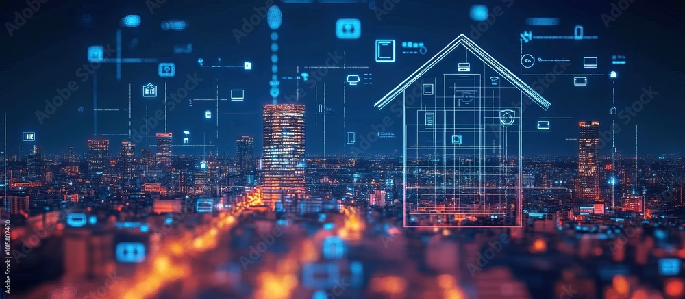 Obraz premium Smart Home Technology Over City Skyline