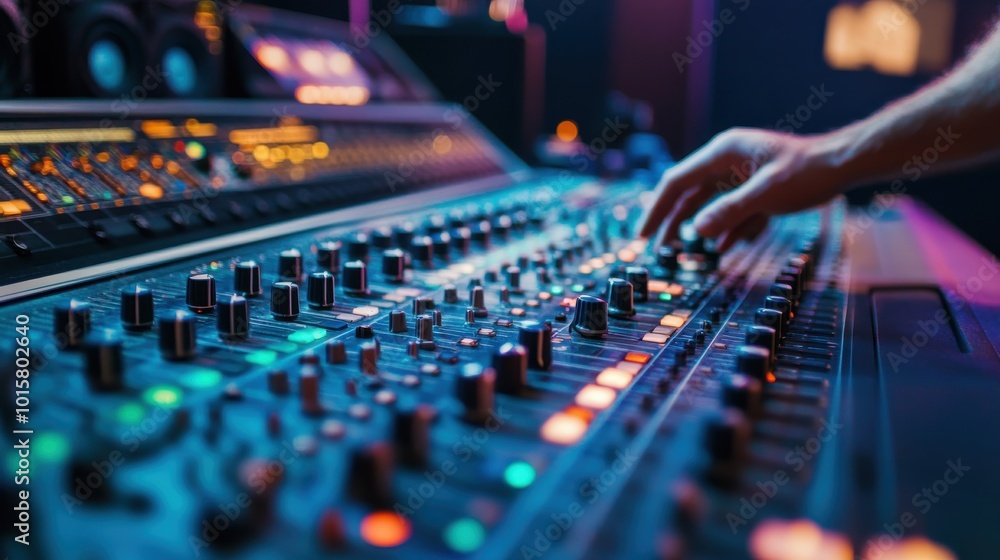 A sound engineer adjusts levels on a mixing console during a live music event at a vibrant venue in the evening A sound engineer adjusts levels on a mixing console during a live music event at a vibrant venue in the evening