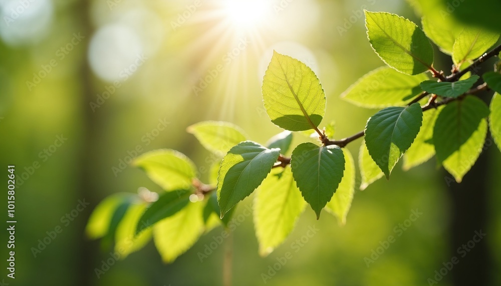 Bright green leaves illuminated by sunlight in a serene forest setting Bright green leaves illuminated by sunlight in a serene forest setting