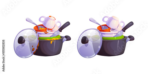 Dirty and clean dishes, plates and kitchenware stack before and after washing, cartoon vector. Dirty and clean cookware saucepan with plates, cups and spoon or knife with food stains and shiny clean photo