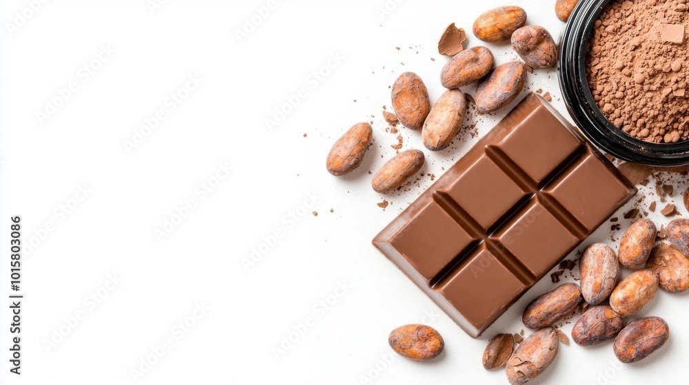 A photostock images of a chocolate bar surrounded by cocoa beans and chocolate powder on a clean white background A photostock images of a chocolate bar surrounded by cocoa beans and chocolate powder on a clean white background