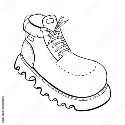 A Stylish Sketch Featuring a Unique LaceUp Boot Design with a Distinctive Wavy Sole. Vector sketch illustration. Tourism