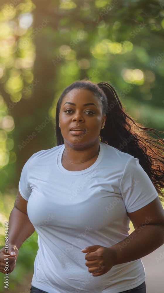 A woman running in a park with a ponytail A woman running in a park with a ponytail