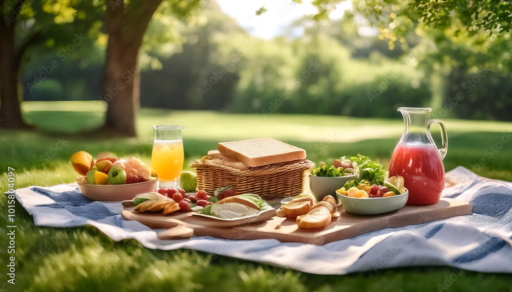 a picnic in the park with healthy snacks, such as sandwiches, salads, and refreshing drinks on a blanket a picnic in the park with healthy snacks, such as sandwiches, salads, and refreshing drinks on a blanket
