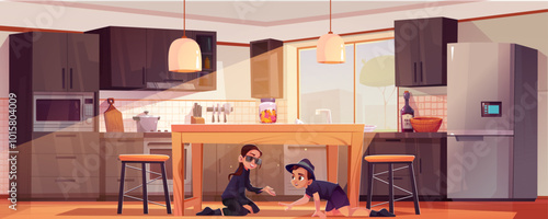 Children playing hide and seek in kitchen. Vector cartoon illustration of teen girl and boy in black spy suits crawling on floor under table, teen siblings having fun together, sunlight in window