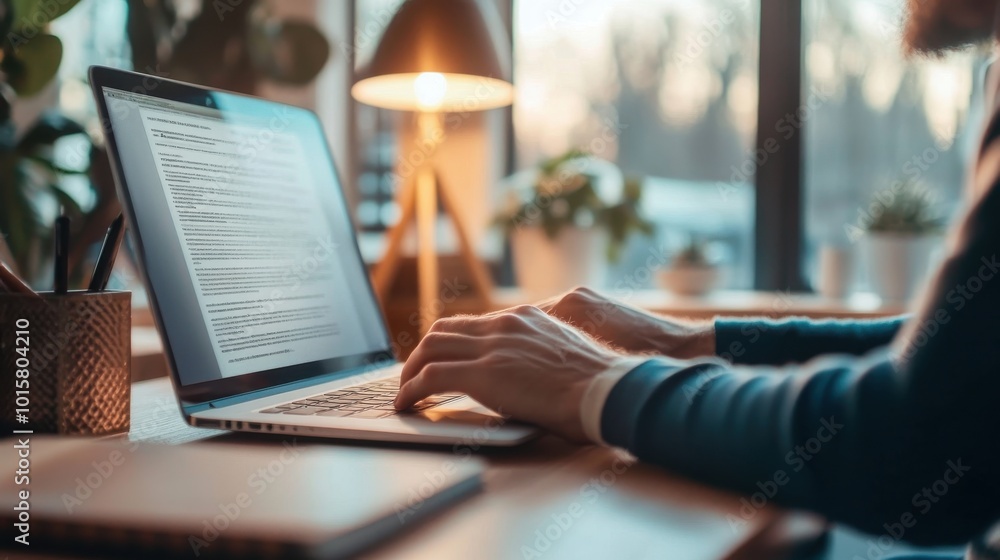 A person typing on a laptop at a cozy desk with warm lighting during sunset, surrounded by plants in a bright room A person typing on a laptop at a cozy desk with warm lighting during sunset, surrounded by plants in a bright room