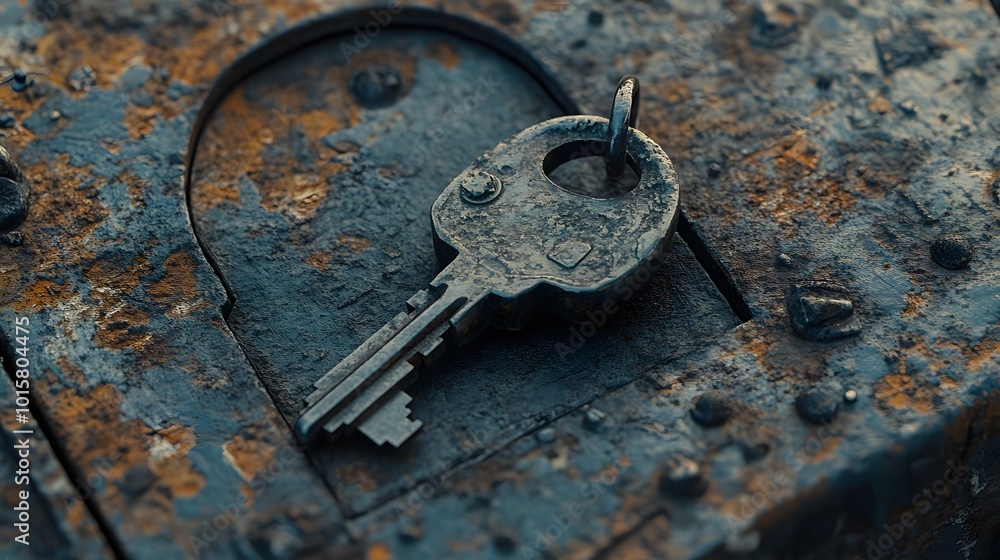 41. A close-up of a steel lock and key resting on a rustic surface 41. A close-up of a steel lock and key resting on a rustic surface