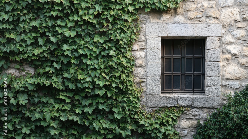 Ivy-covered stone wall with a barred window in a rustic setting during the day Ivy-covered stone wall with a barred window in a rustic setting during the day