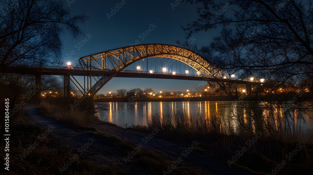 Fototapeta premium 42. A dramatic steel arch bridge illuminated at night