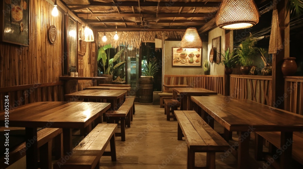 Cozy bamboo restaurant interior with wooden tables, warm lighting, and tropical decor during evening hours Cozy bamboo restaurant interior with wooden tables, warm lighting, and tropical decor during evening hours