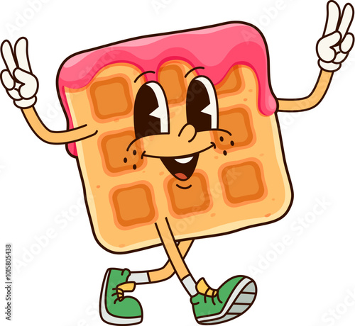 Groovy Belgian waffle dessert character. Cartoon vector cheerful breakfast personage with strawberry jam dripping. Delicious wafer, pastry snack, cute fresh appetizer, confectionery with smiling face