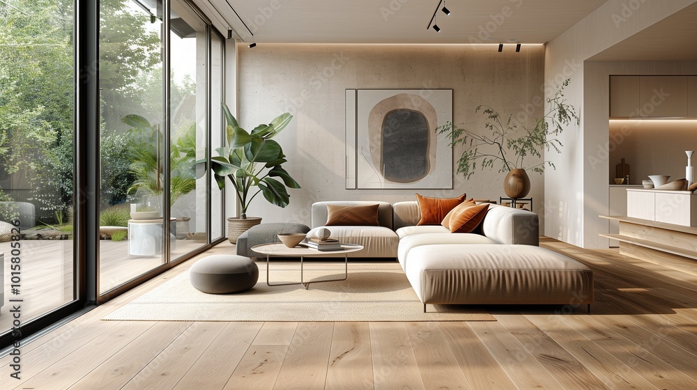 A stylish, minimalist living room with ample windows, light wood floors, and Scandinavian furniture A stylish, minimalist living room with ample windows, light wood floors, and Scandinavian furniture