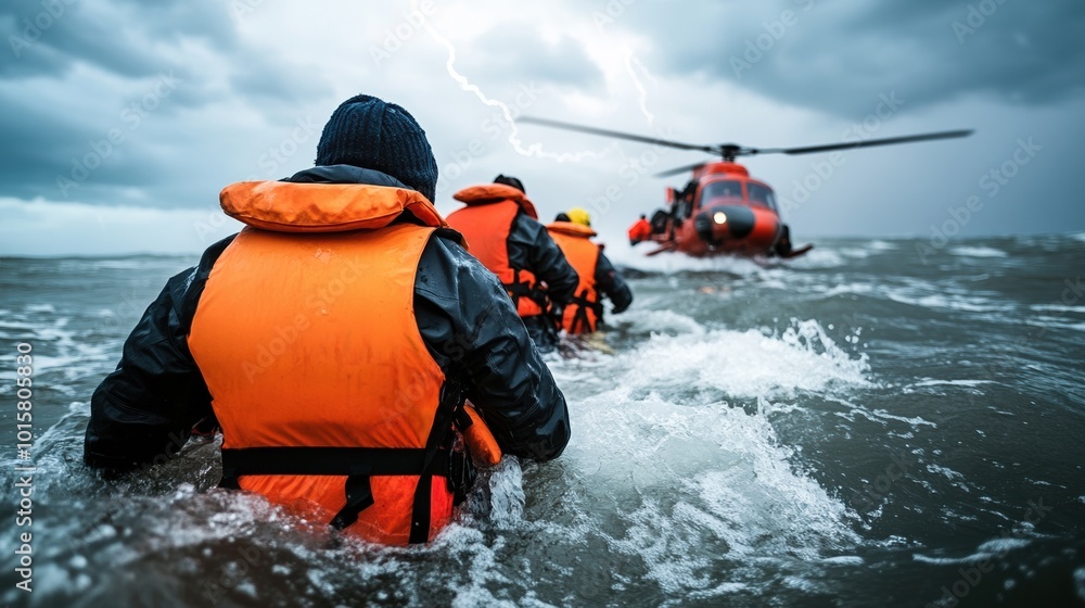 Naklejka premium Rescue operation in stormy waters with people in life jackets approaching a helicopter.