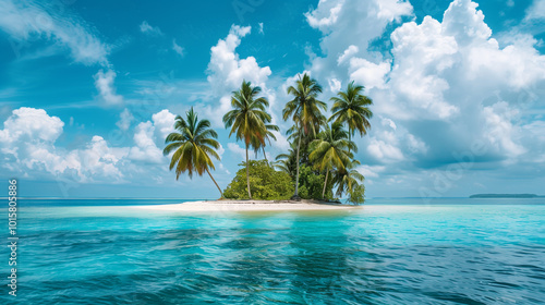 A peaceful vacation on a deserted tropical island with crystal-clear water, white sandy beaches, and lush palm trees.