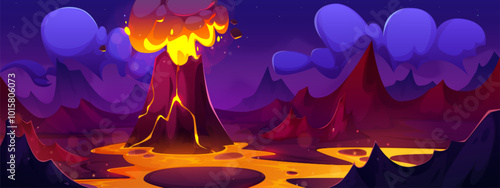 Volcanic lava erupt landscape. Prehistoric active volcano mountain erupting with smoke and fire. Rock vulcan on night fantasy environment. Danger magma puddle flow for apocalypse adventure panorama