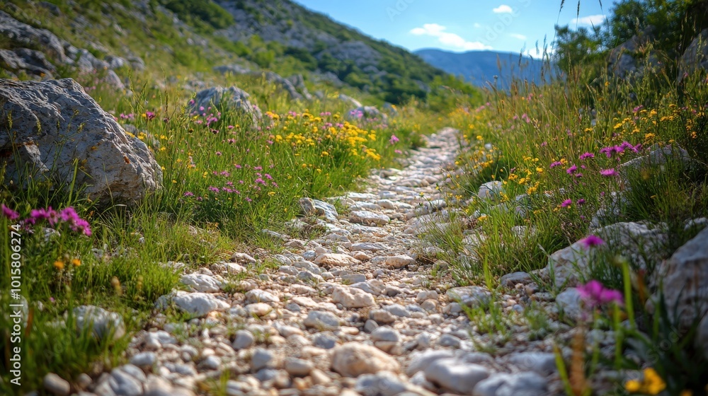 A rocky pathway through a vibrant wildflower meadow in the mountains on a sunny day in spring A rocky pathway through a vibrant wildflower meadow in the mountains on a sunny day in spring
