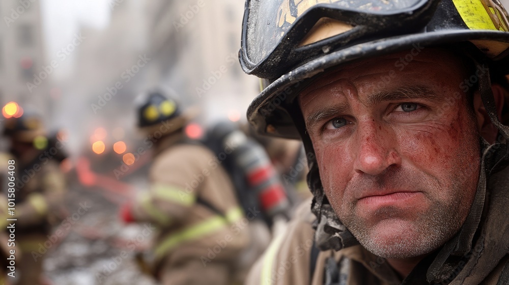 Fototapeta premium Firefighter in action during a rescue operation, smoky background.