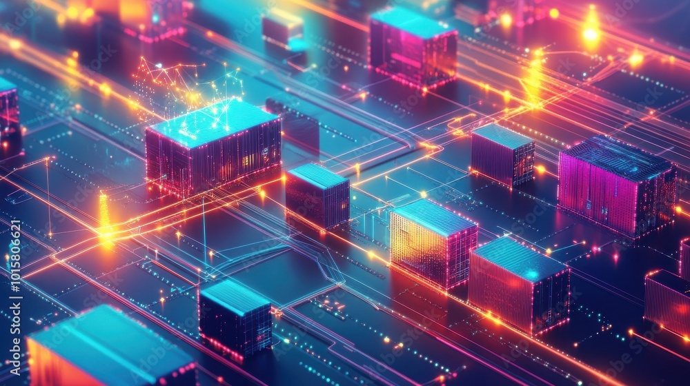 Colorful abstract digital landscape with glowing geometric shapes and vibrant light trails in a futuristic setting Colorful abstract digital landscape with glowing geometric shapes and vibrant light trails in a futuristic setting