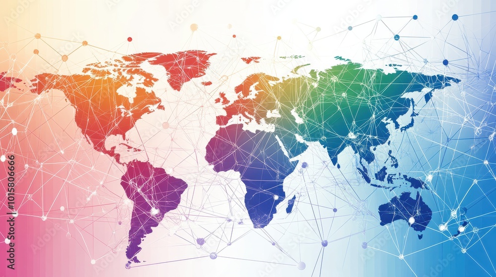 Fototapeta premium Colorful world map with connecting lines representing global communication and networking across continents