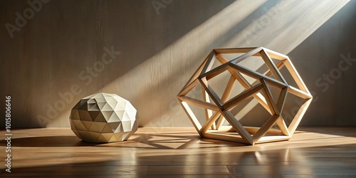 A minimalist wooden geometric structure casts shadows on a light wooden floor alongside a solid beige form.