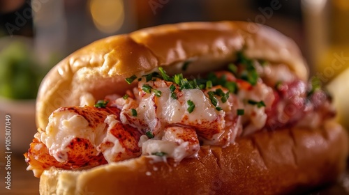 Delicious lobster roll served on a toasted bun with fresh chives and butter in a cozy restaurant setting