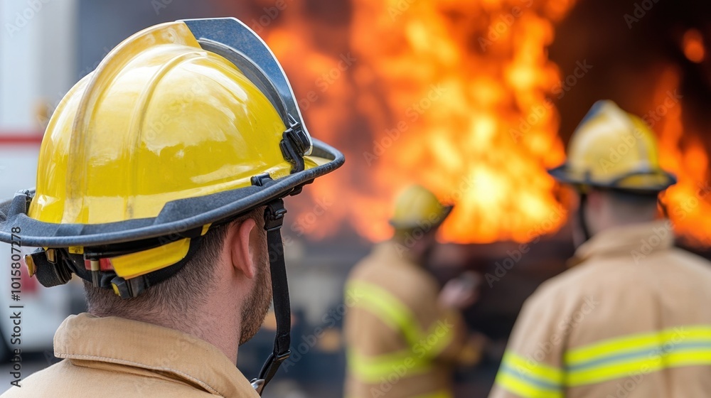 Firefighters responding to a blaze, focused on extinguishing flames. Firefighters responding to a blaze, focused on extinguishing flames.