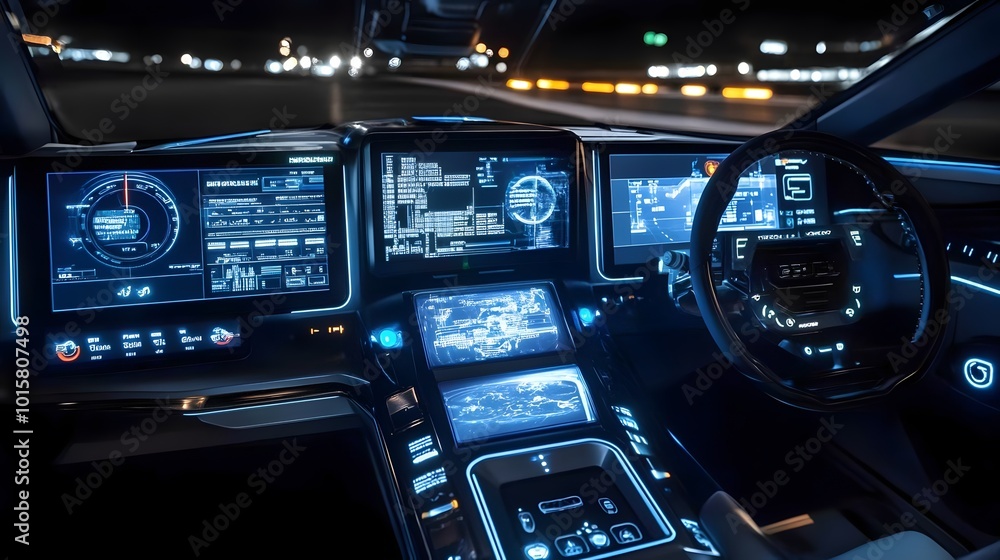 A futuristic car interior featuring a high-tech dashboard with illuminated displays and controls. A futuristic car interior featuring a high-tech dashboard with illuminated displays and controls.