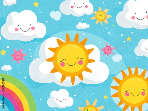 Cheerful Cartoon Landscape with Smiling Sun Clouds and Rainbow