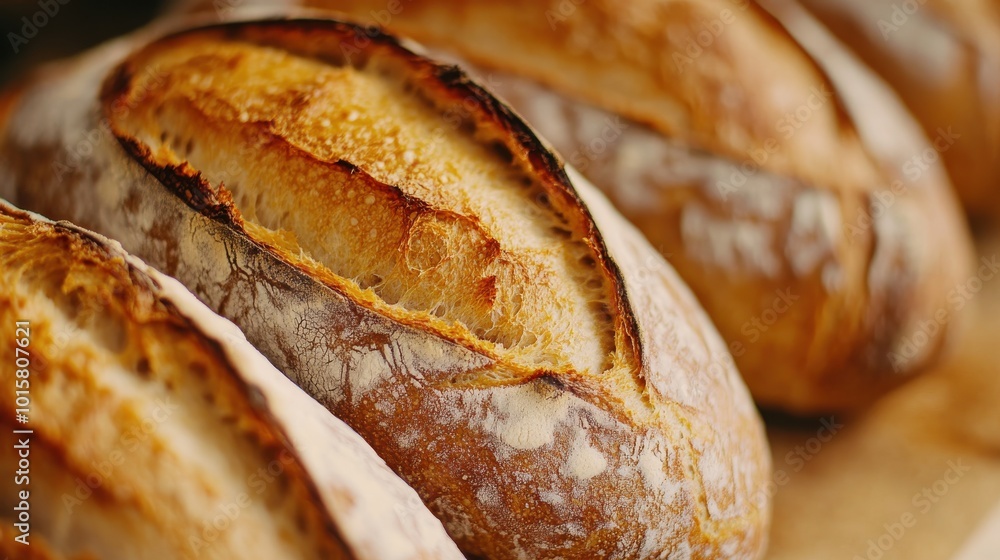 Freshly baked artisanal bread loaves displayed on a wooden board in a warm and inviting kitchen setting Freshly baked artisanal bread loaves displayed on a wooden board in a warm and inviting kitchen setting