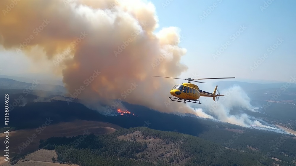 Fototapeta premium Helicopter battling wildfires above smoke-filled landscape, aerial view