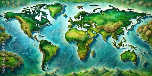 A World Map with a Unique Relief, Depicting the Continents as Embossed Forms on a Canvas of Blue Water